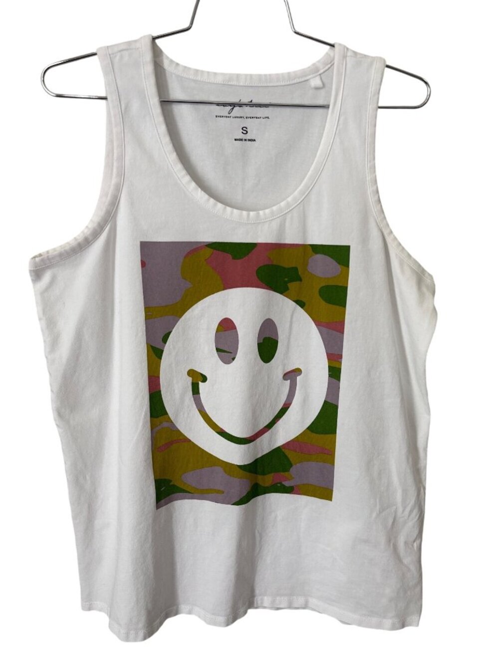 Evys Tree Tank Top Size Small Camo Smiley Face Graphic Sleeveless White Multi